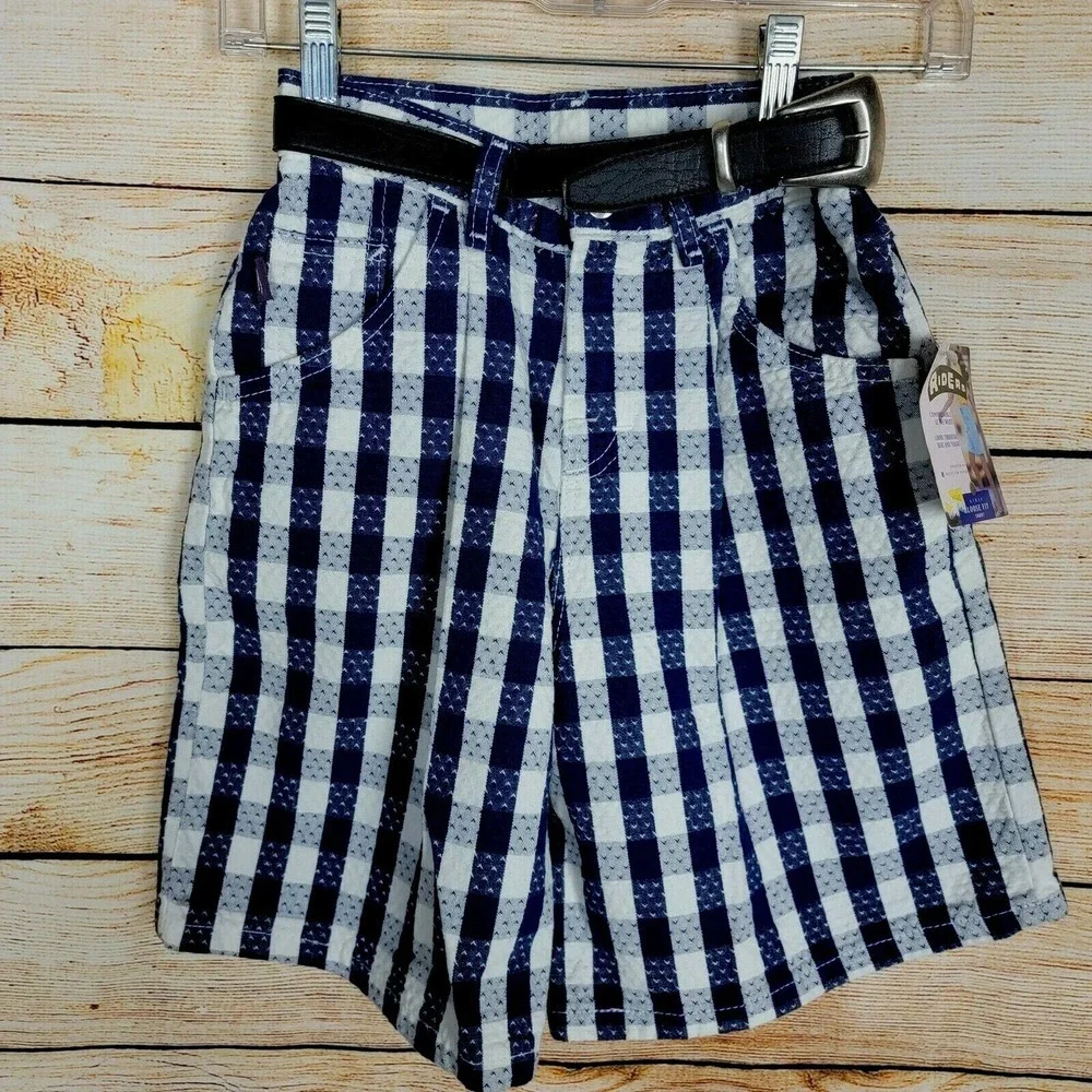 Vintage Lee Riders Shorts Girls Size 8 Loose Fit Blue White Plaid Belted 90s New